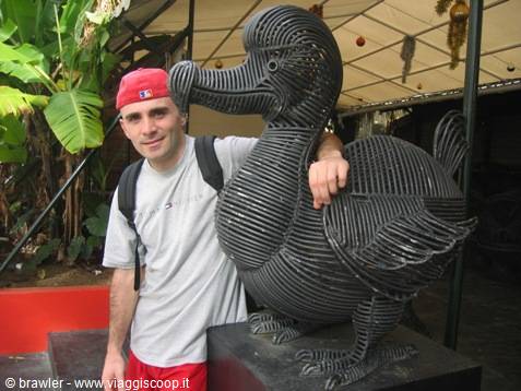 Tourist beside a metal dodo sculpture in a garden