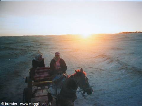 Horse pulling a cart carries two people over sand, low sun on horizon