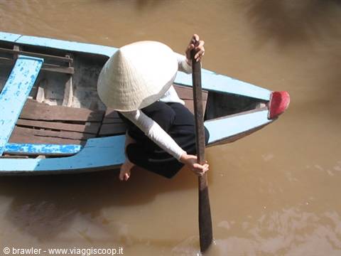 Woman in conical hat rows a blue wooden boat on muddy water