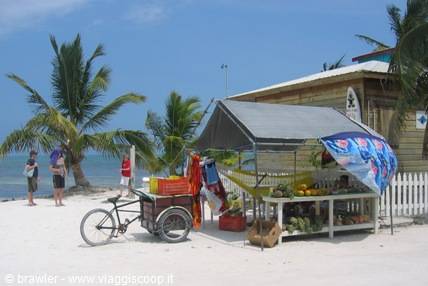 Fruit stall on white sand beach with palm trees, cargo bicycle and tourists
