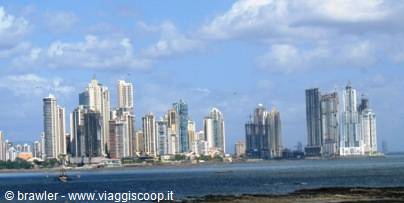 Panama City skyscrapers rising over the bay under cloudy skies