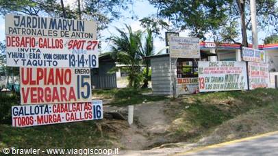Hand-painted advertising signs along Antón road, small wooden kiosk