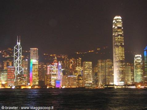 Hong Kong illuminated skyscrapers at night seen from Victoria Harbour