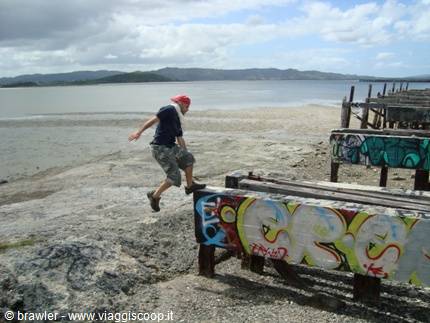 Boy jumps off graffiti-covered wooden beams onto the beach