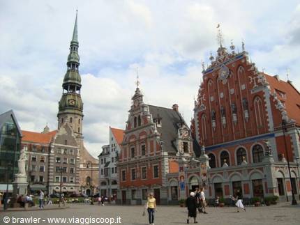 Riga Town Hall Square, red-brick House of the Blackheads, St. Peter's church spire