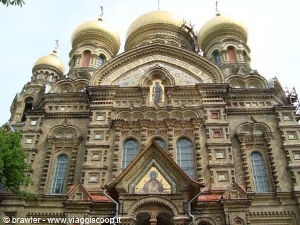 Orthodox cathedral with gilded domes in brickwork at Karosta, Liepaja