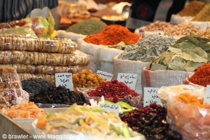 Sacks of spices, dried fruit and herbs at Tabriz bazaar