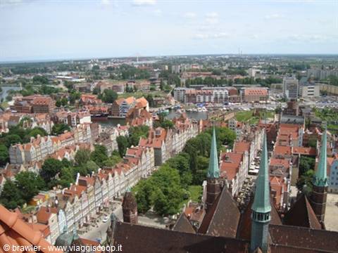 Gdańsk red rooftops and green spires seen from St. Mary's tower