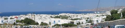 Whitewashed rooftops of Mykonos town overlooking the Aegean Sea under blue sky