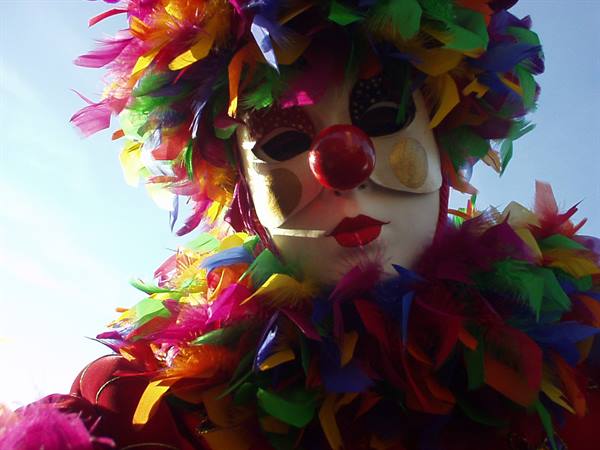 Carnival mask with colorful feathers and red clown nose in sunlight