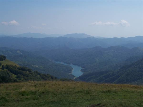Blue lake winding between forested mountains seen from a grassy hilltop