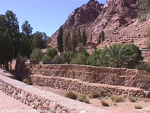Dry stone walls, palms and cypresses beneath red rocky mountains