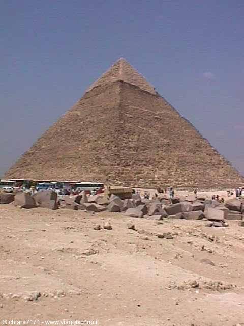 The Great Pyramid of Giza among stone blocks and tourists