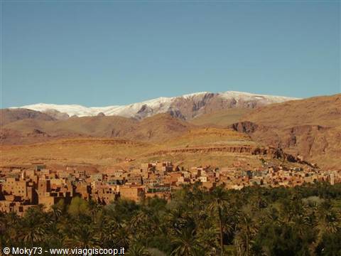 Mud-brick village among palm grove and snow-capped mountains, Dadès Valley