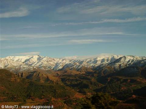 Snow-capped High Atlas peaks above green and ochre hills