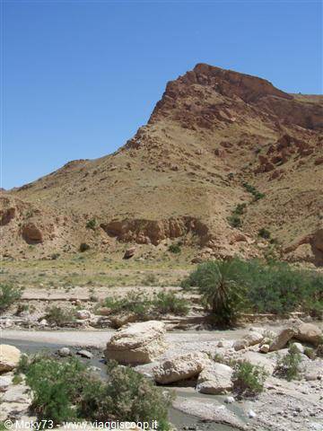 Ochre rock above palms and stream in a mountain oasis under blue sky