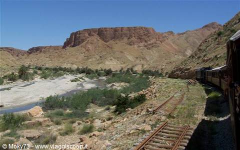 train moving on desert track beside dry river and ochre cliffs