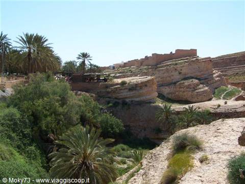 Palm trees and earthen houses on eroded rocks of a Berber village
