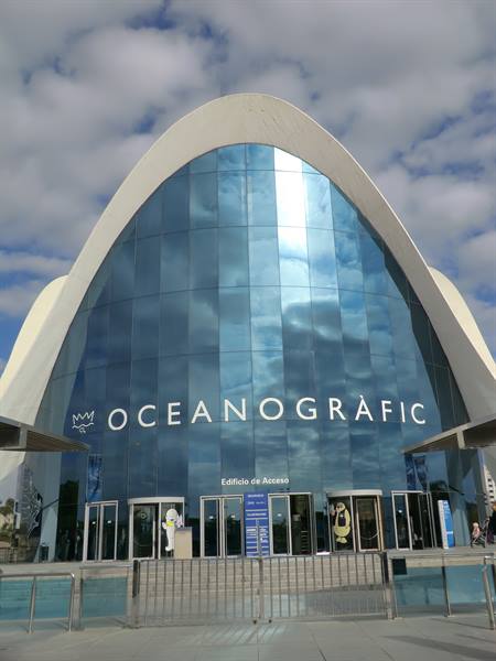 Curved blue glass facade of Valencia's Oceanogràfic under white clouds