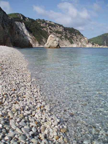 White pebble beach with clear turquoise water and green rocky cliffs