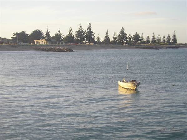 Small white boat anchored in calm bay, pines and houses along the shore