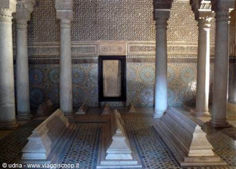 Saadian Tombs in Marrakech: marble sarcophagi among columns and zellige tiles