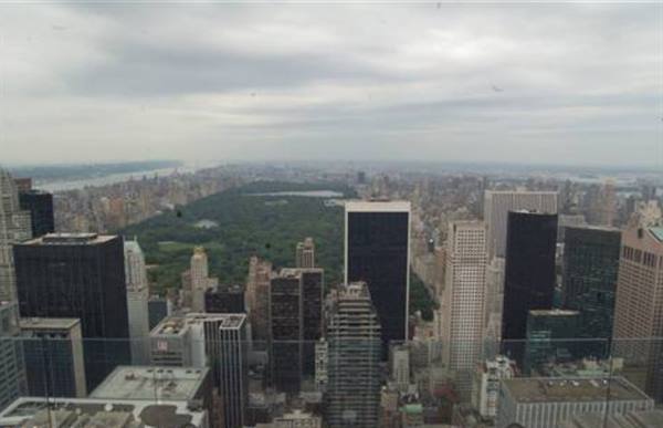 Central Park green among Manhattan skyscrapers under a cloudy sky