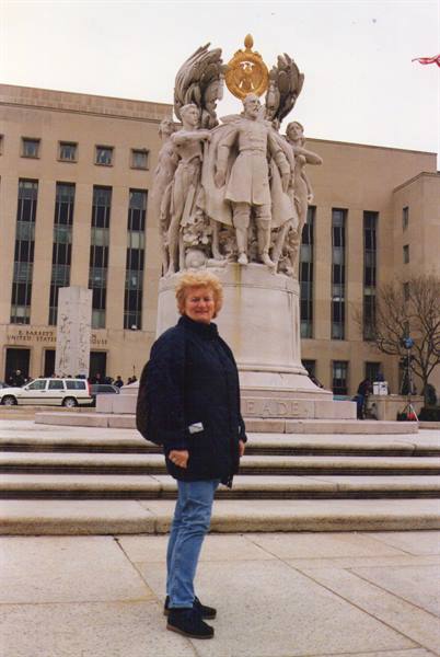 Woman standing before the George Meade Memorial in Washington