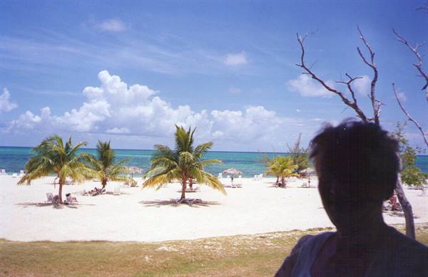 Woman silhouette overlooking white sand beach with palm trees, Grand Turk
