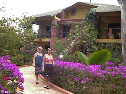 Two tourists walk among blooming bougainvillea in front of a thatched-roof resort