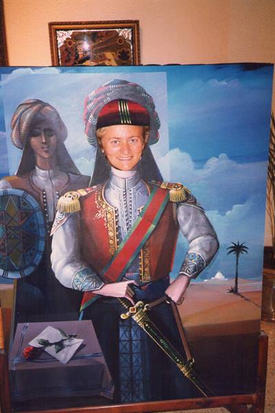 Painted canvas with tourist face pasted onto red 19th-century uniform and sword