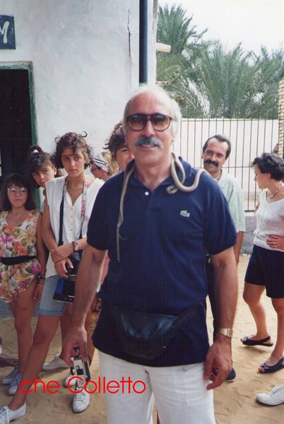 Tourist with a snake around his neck among travelers, palms and sand