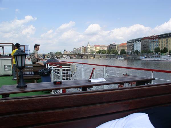 Tourists on a boat on the Vltava in Prague