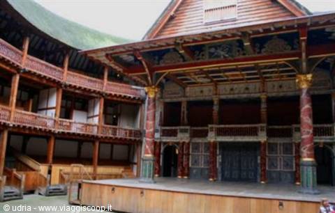 Wooden stage and circular galleries of Shakespeare's Globe Theatre in London