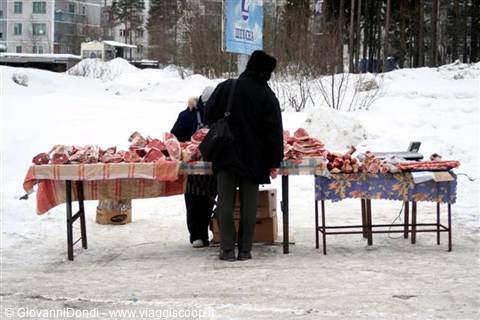 The market of a Karelian town: meat is obviously sold ...frozen