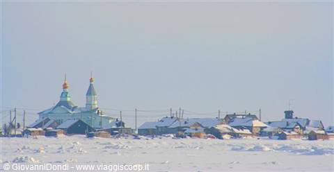 We spot a remote village along the shores of the White Sea