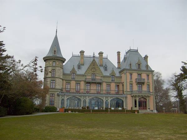 Castle with conical tower and grey slate roof, bare trees, lawn, overcast sky