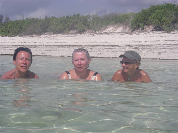 Three women in clear water in front of white beach and green vegetation