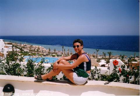 Guy sitting on a white wall with umbrellas and pool by the Red Sea