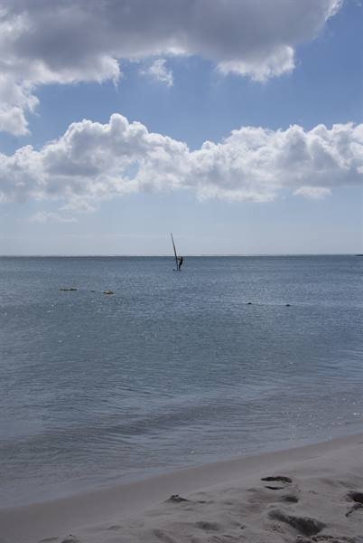 Light sandy beach, windsurfer gliding on calm sea under white clouds
