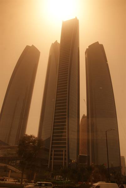 Etihad Towers shrouded in sandstorm haze, Abu Dhabi