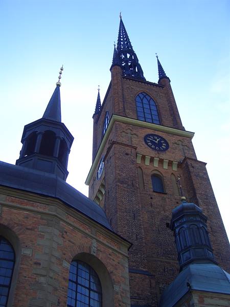 Brick bell tower with openwork spire and clock, Riddarholmen Church in Stockholm