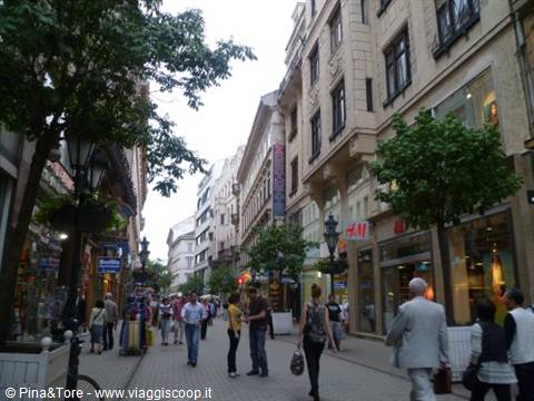 Pedestrians strolling a shopping street with ornate buildings, Budapest