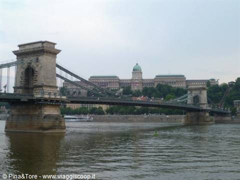 Chain Bridge over the Danube with Buda Castle behind, overcast sky