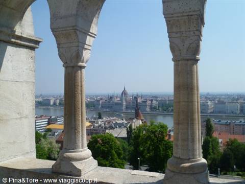 Romanesque columns of Fisherman's Bastion over Budapest and the Danube