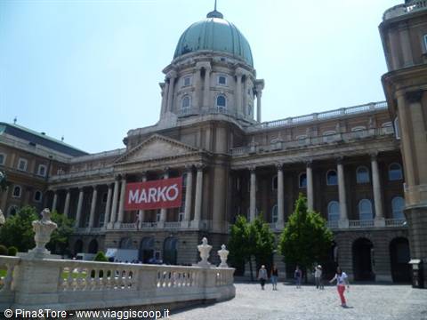 Buda Castle in Budapest, green dome and MARKO banner on facade