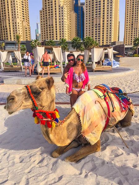 Couple with decorated camel on the sandy beach of Dubai Marina
