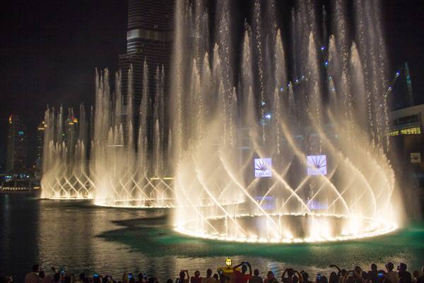Illuminated water jets at night, crowd watching along the lakefront