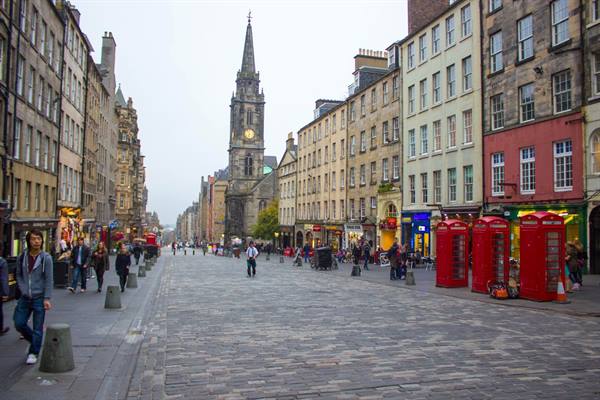 Edinburgh's Royal Mile, red phone booths and a spire along the cobbles