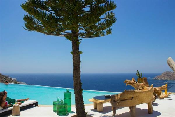 Tree on terrace with infinity pool and driftwood furniture, blue sea beyond